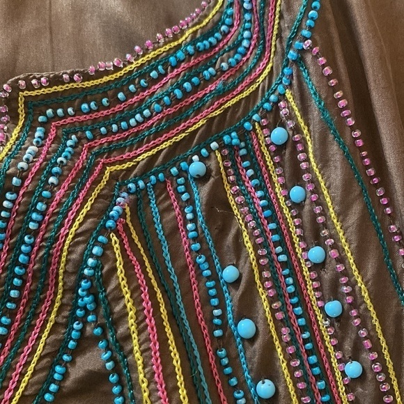 BCBG MAXAZRIA SILK” Tunic Embellished with Stones & Beads Brown Boho Chic Goth - Picture 9 of 14